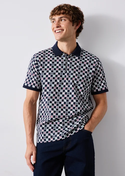 Navy Checkerboard Christmas Polo Shirt - S Image 1