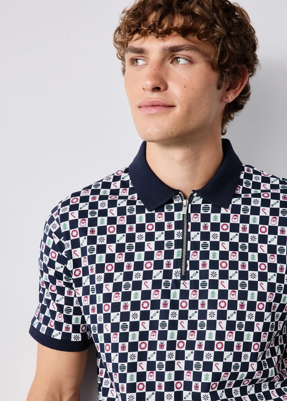 Navy Checkerboard Christmas Polo Shirt - S Image 3