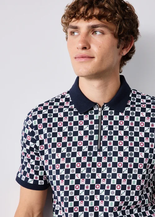 Navy Checkerboard Christmas Polo Shirt - S Image 3
