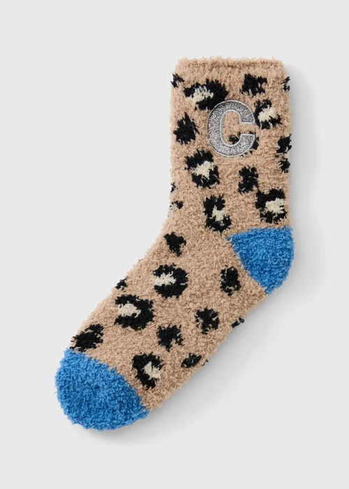 Brown Leopard Print Initial Socks - A Image 1