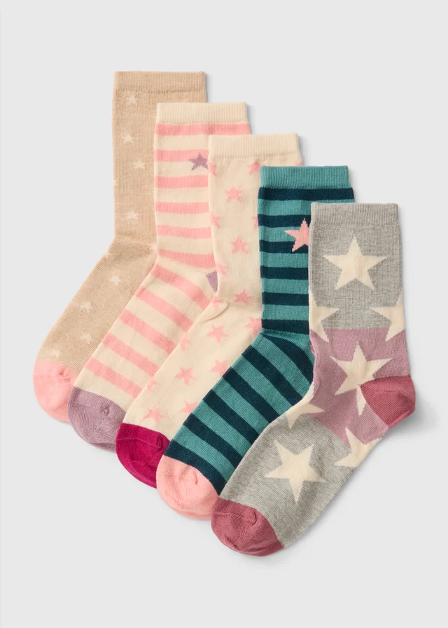 5 Pack Multicoloured Star Print Ankle Socks