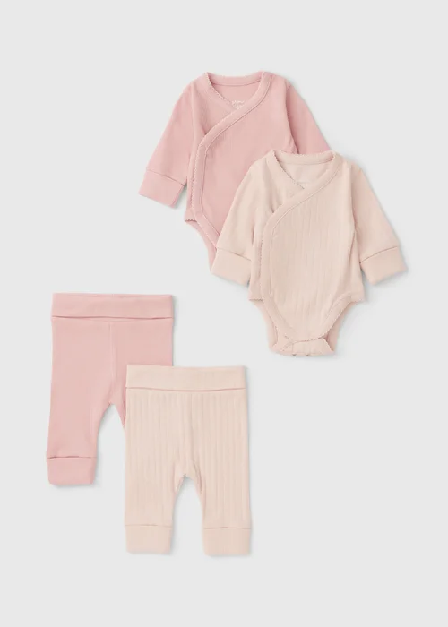 4 Piece Baby Pink Grow Together Wrap Bodysuit & Legging Set (0-12mths) - First Size Image 1