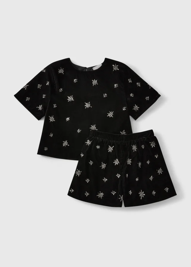 Girls Black Embellished Shorts Set (7-15yrs)