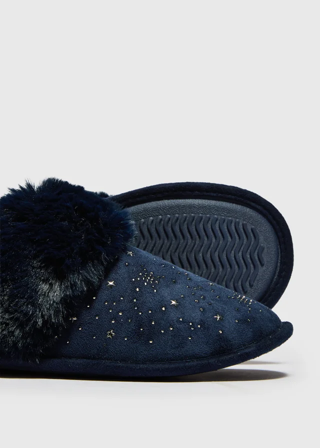 Navy Diamante Star Mule Slippers