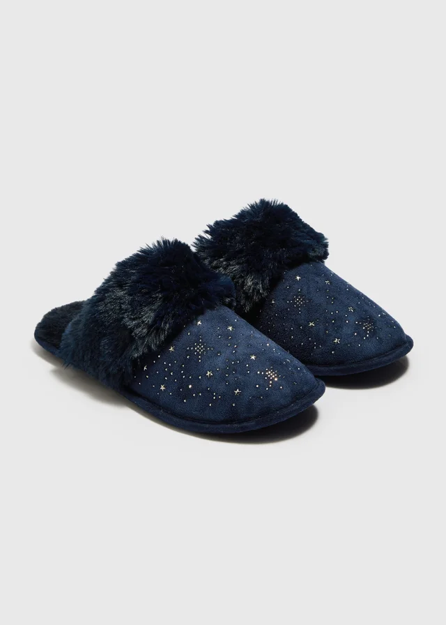 Navy Diamante Star Mule Slippers