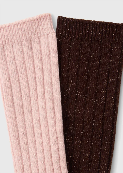 2 Pack Pink & Brown Ribbed Socks - One Size Image 2