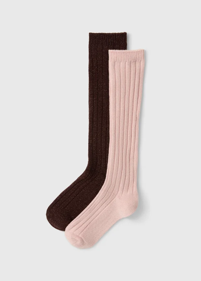 2 Pack Pink & Brown Ribbed Socks