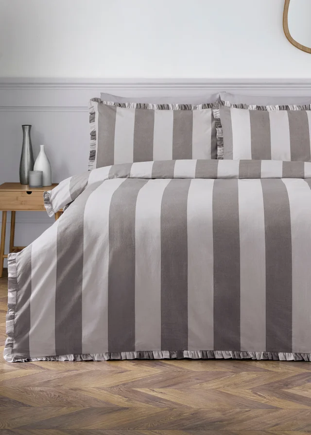 Grey Stripe Ruffle Duvet Set