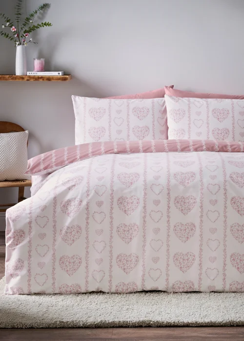 Pink Heart Stripe Duvet Set - Single Image 1