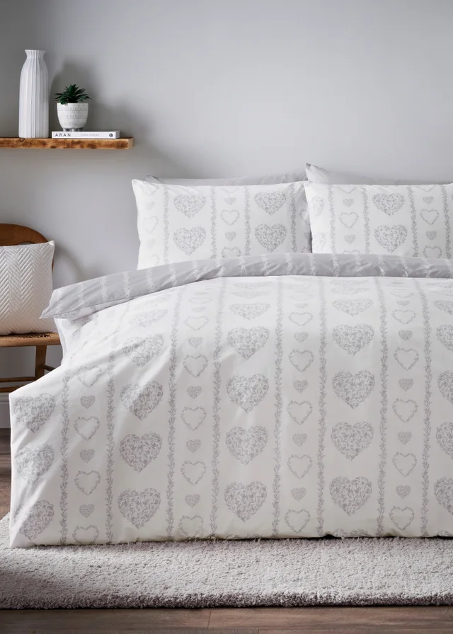 Grey Heart Striped Duvet Set