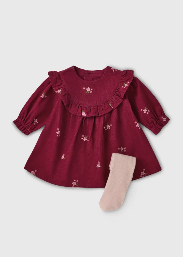 Baby Burgundy Floral Dress & Tights Set (Newborn-23 mnths)