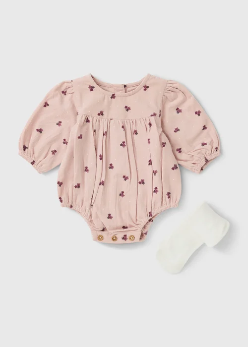 Baby Pink Printed Romper and Tights (0-23mths) - Up to 1 Month Image 1
