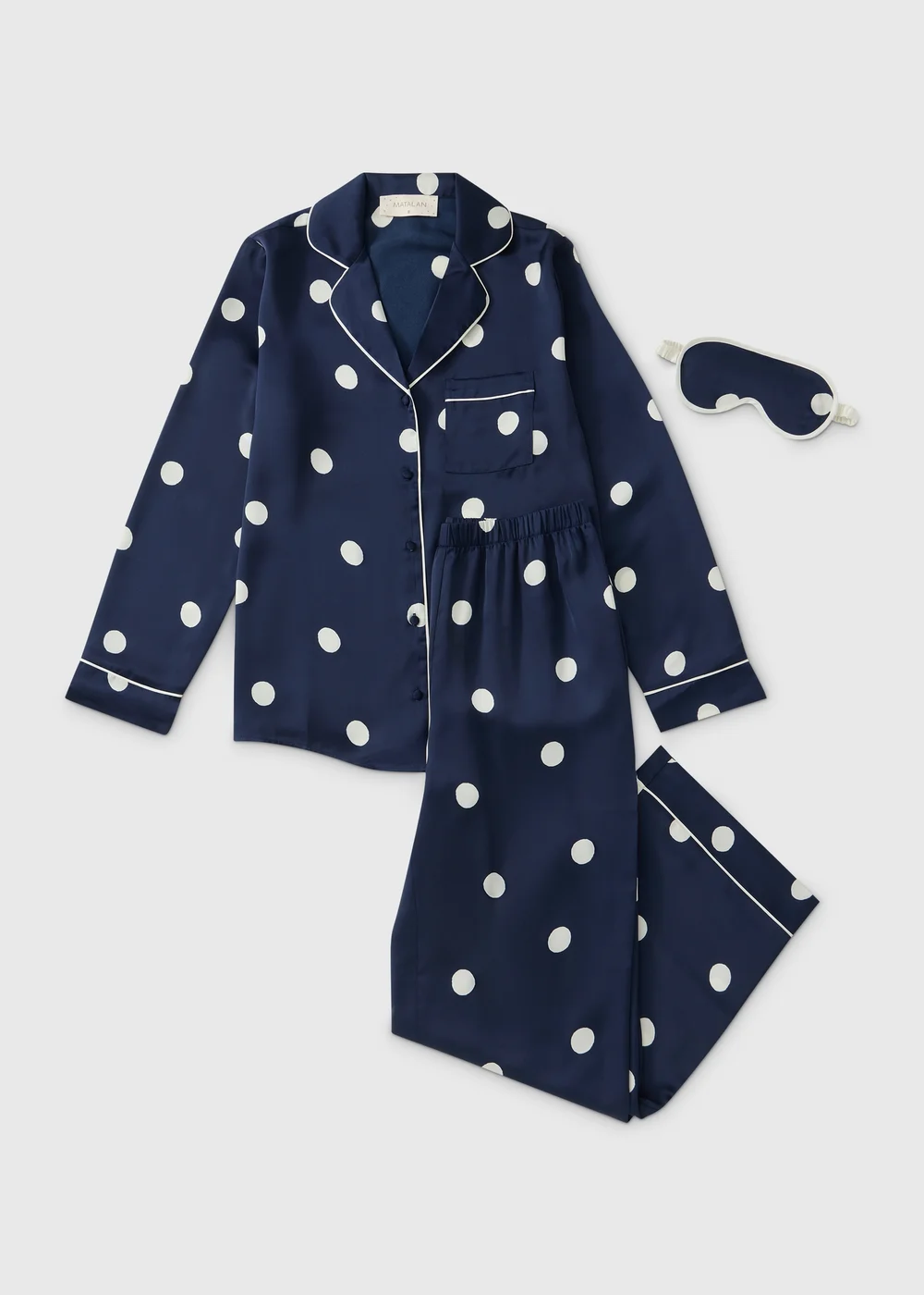 Navy Blue Polka Dot Pyjama Set & Eye Mask - 8 Image 1