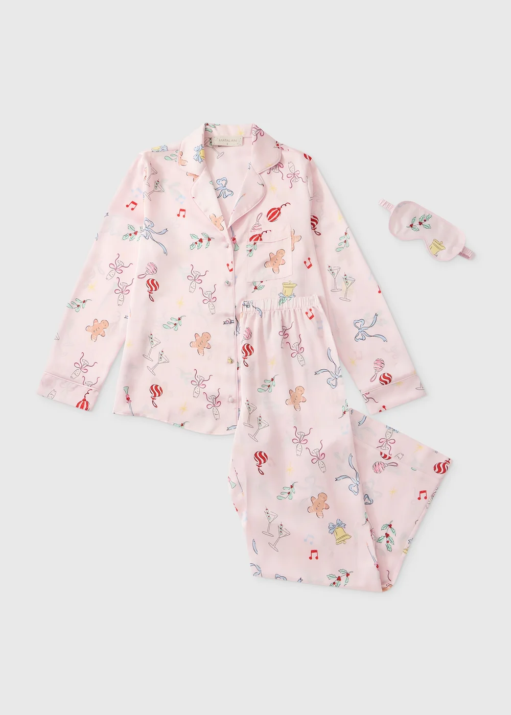 Pink Satin Christmas Print Pyjama & Eye Mask Set - 8 Image 1