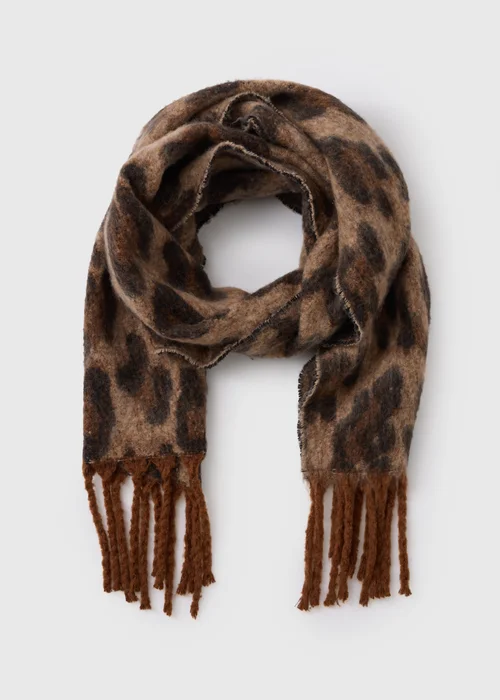 Brown Leopard Print Brushed Scarf - One Size Image 1