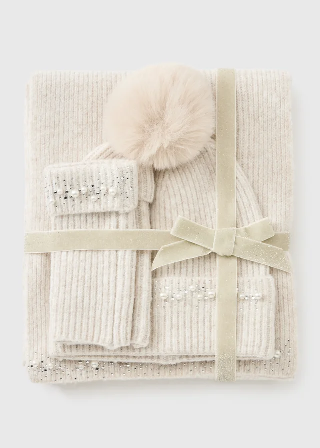 3 Piece Cream Hat Scarf & Glove Gift Set