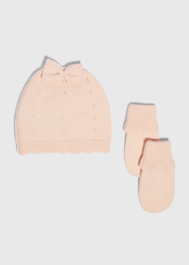 Baby Pink Pointelle Hat & Gloves Set