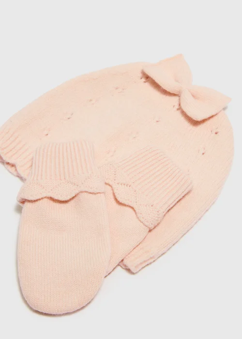 Baby Pink Pointelle Hat & Gloves Set - Up to 1 Month Image 2