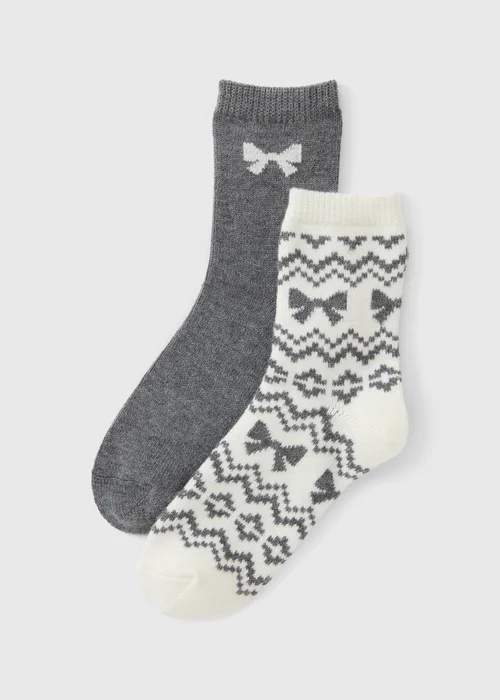 2 Pack Grey/Cream Bow Embroidered Thermal Socks - One Size Image 1
