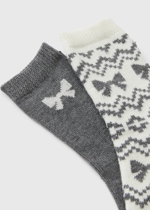 2 Pack Grey/Cream Bow Embroidered Thermal Socks - One Size Image 2