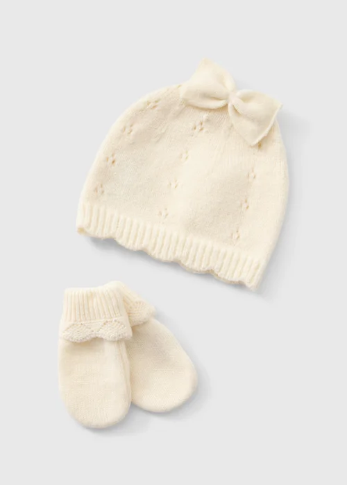 2 Pack Cream Pointelle Hat & Gloves Set - Up to 1 Month Image 1