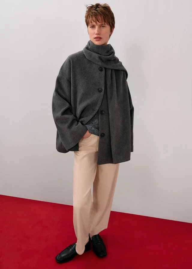 Grey Scarf Coat With Detachable Neck Scarf