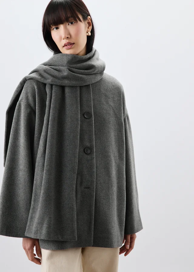 Grey Scarf Coat With Detachable Neck Scarf