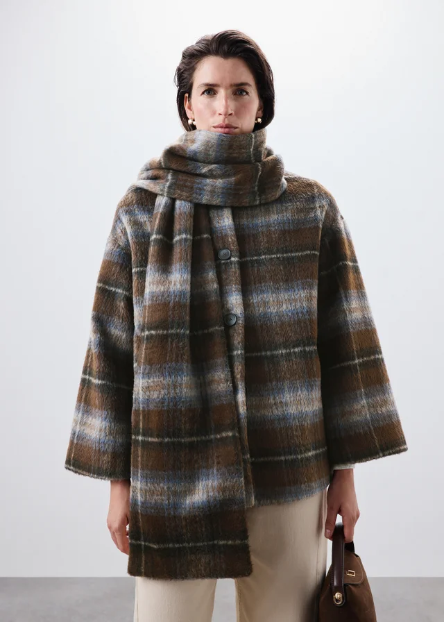 Brown Checked Detachable Neck Scarf Coat