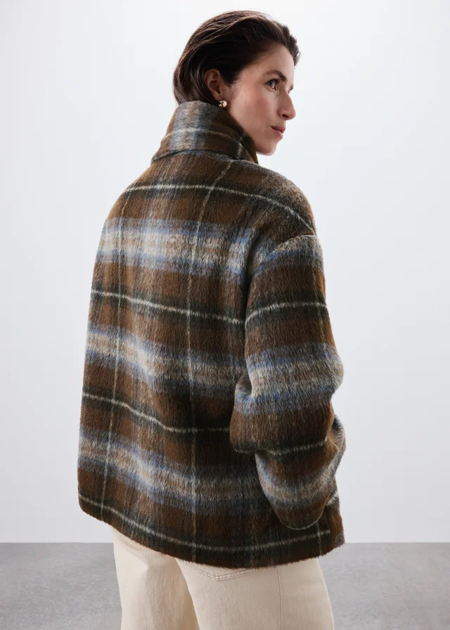 Brown Checked Detachable Neck Scarf Coat