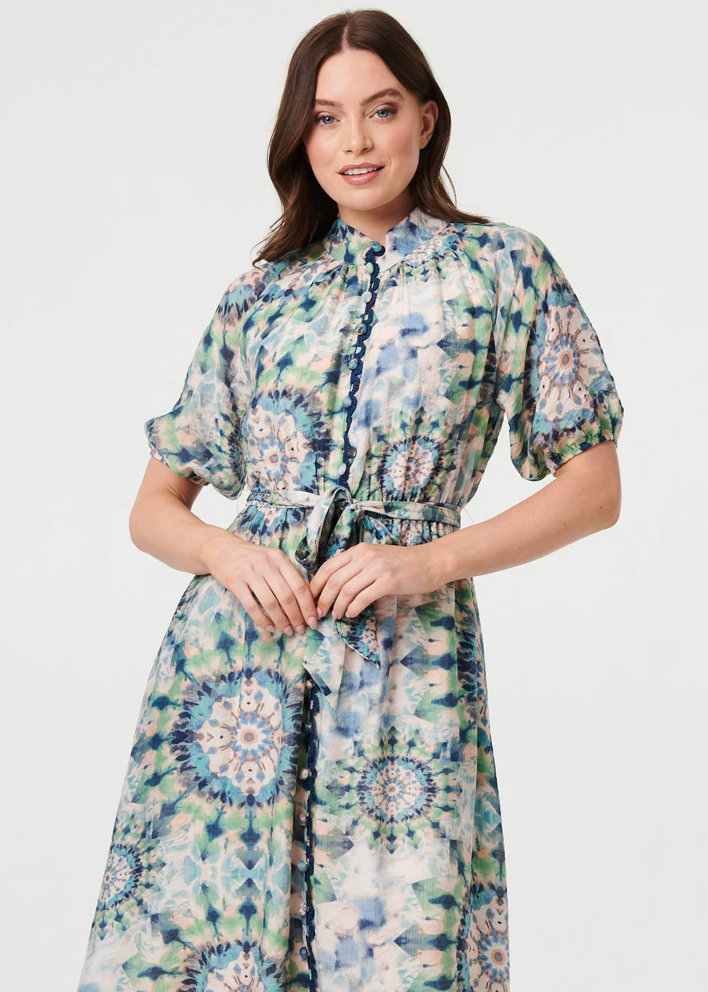 Izabel London Green Abstract Tie Waist 1/2 Sleeve Midi Dress - 16 Image 1