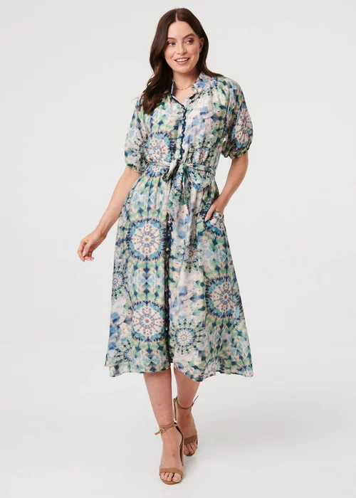 Izabel London Green Abstract Tie Waist 1/2 Sleeve Midi Dress - 16 Image 4
