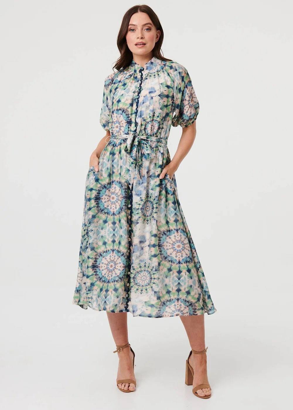 Izabel London Green Abstract Tie Waist 1/2 Sleeve Midi Dress - 16 Image 2