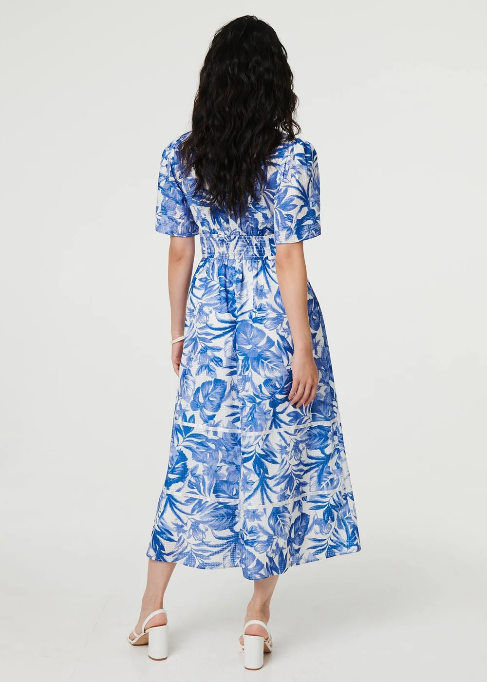 Izabel London Blue Leaf Print 1/2 Sleeve Tiered Midi Dress - 12 Image 2
