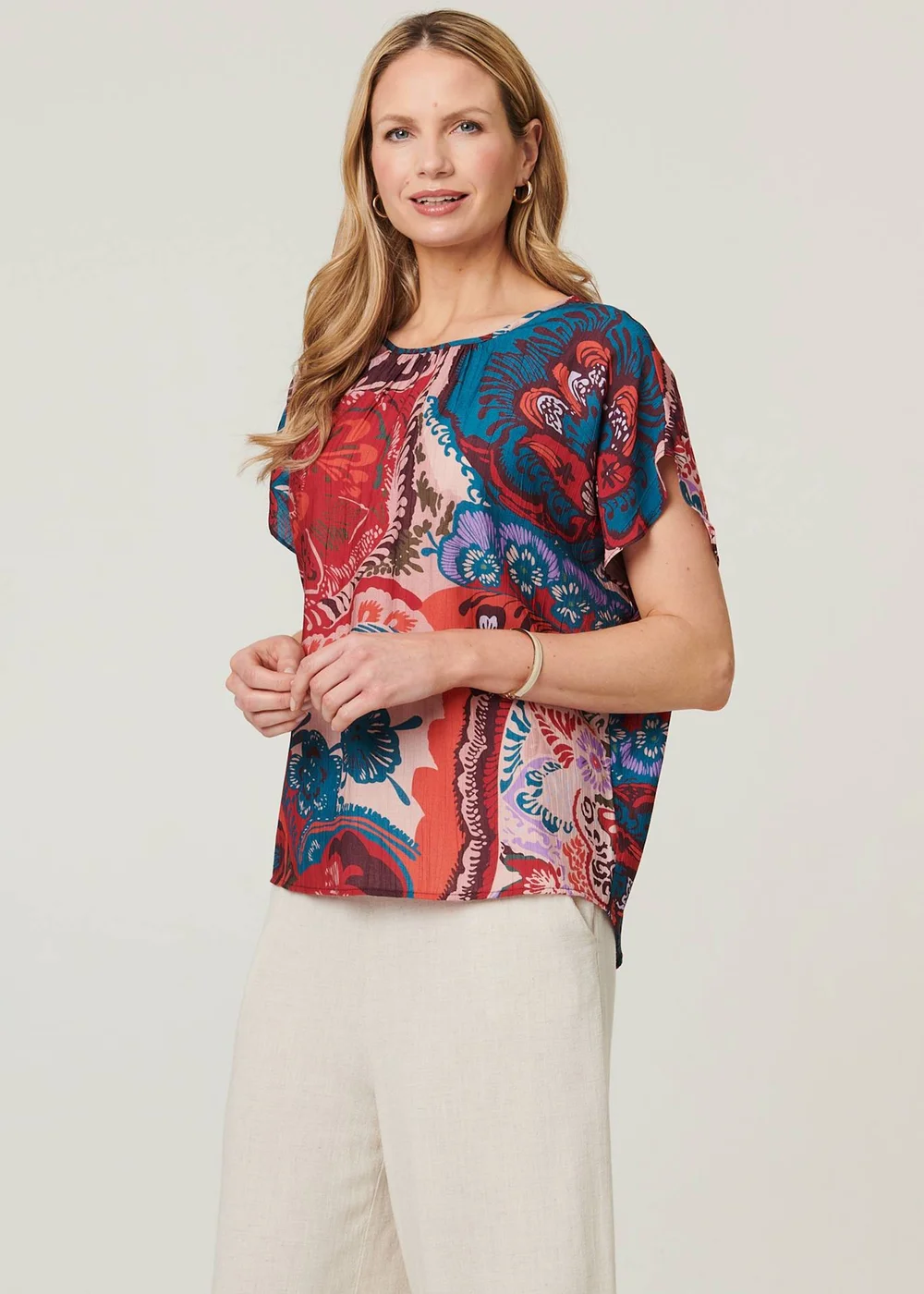 Izabel London Red Floral Short Angel Sleeve Ruched Blouse - 18 Image 1