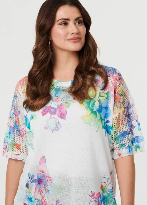 Izabel London White Floral Knit Textured Relaxed Top - M Image 3
