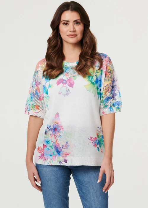 Izabel London White Floral Knit Textured Relaxed Top - M Image 1