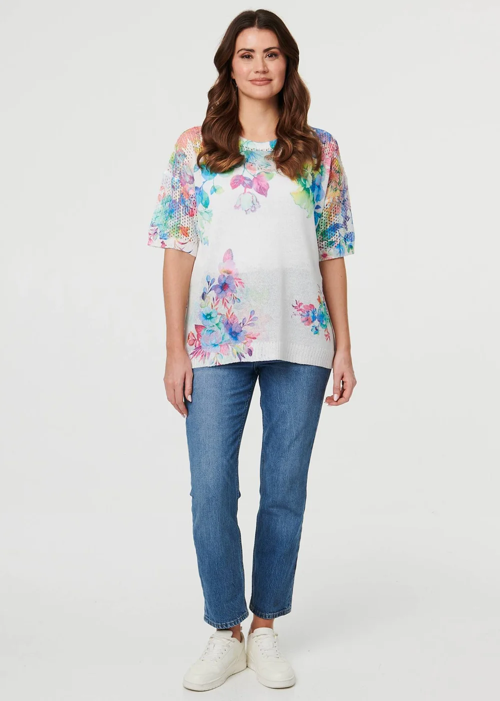 Izabel London White Floral Knit Textured Relaxed Top - M Image 4