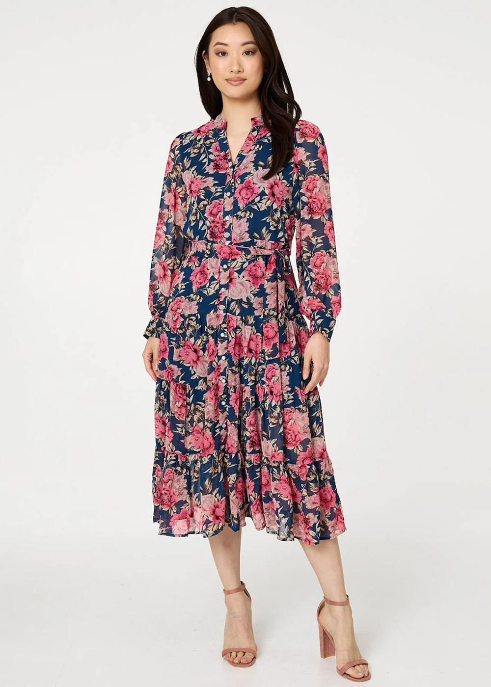Izabel London Navy Floral Tie Waist Relaxed Tier Midi Dress - 8 Image 4