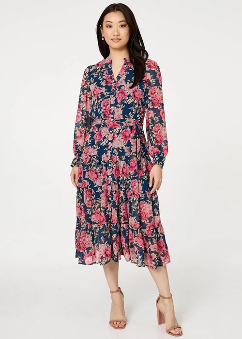 Izabel London Navy Floral Tie Waist Relaxed Tier Midi Dress - 8 Image 4