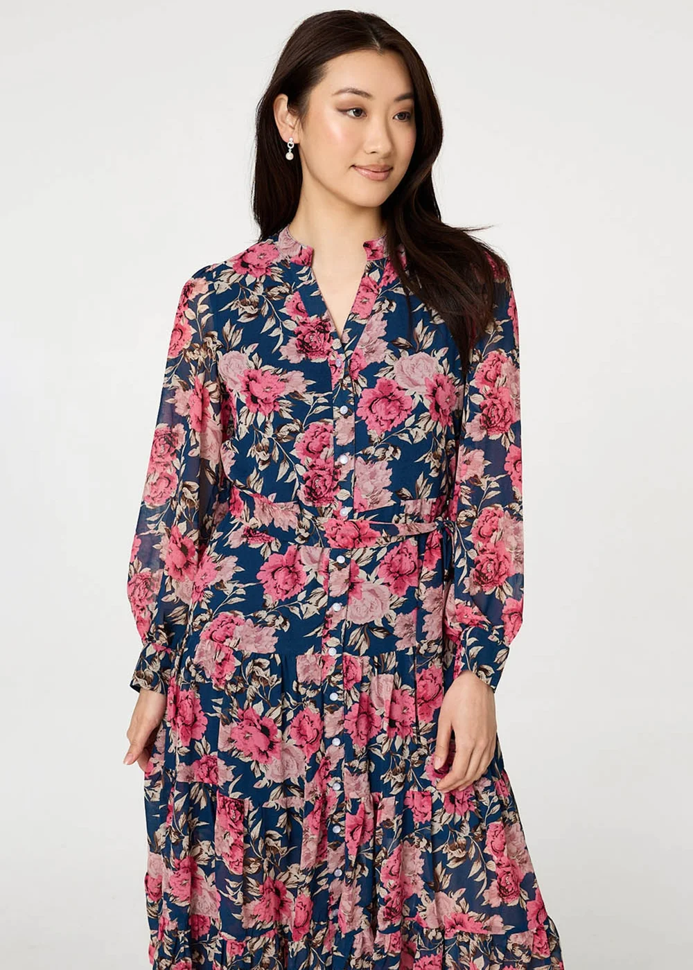 Izabel London Navy Floral Tie Waist Relaxed Tier Midi Dress - 8 Image 1