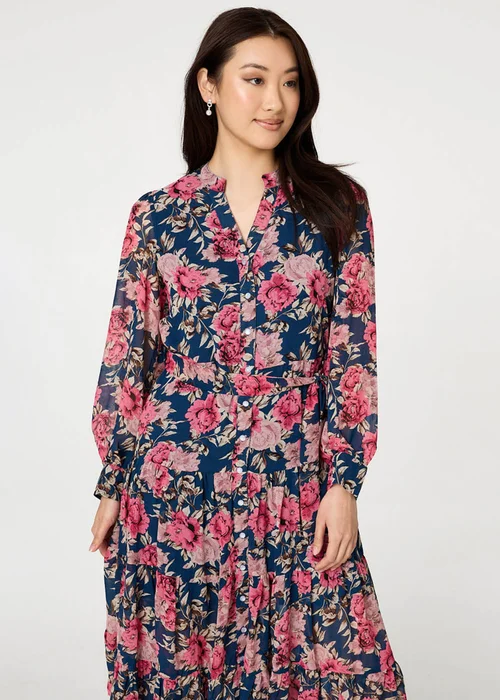 Izabel London Navy Floral Tie Waist Relaxed Tier Midi Dress - 8 Image 1