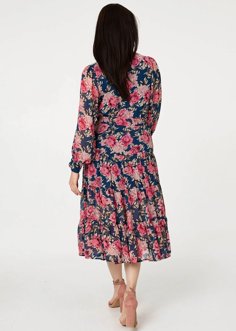 Izabel London Navy Floral Tie Waist Relaxed Tier Midi Dress - 8 Image 2