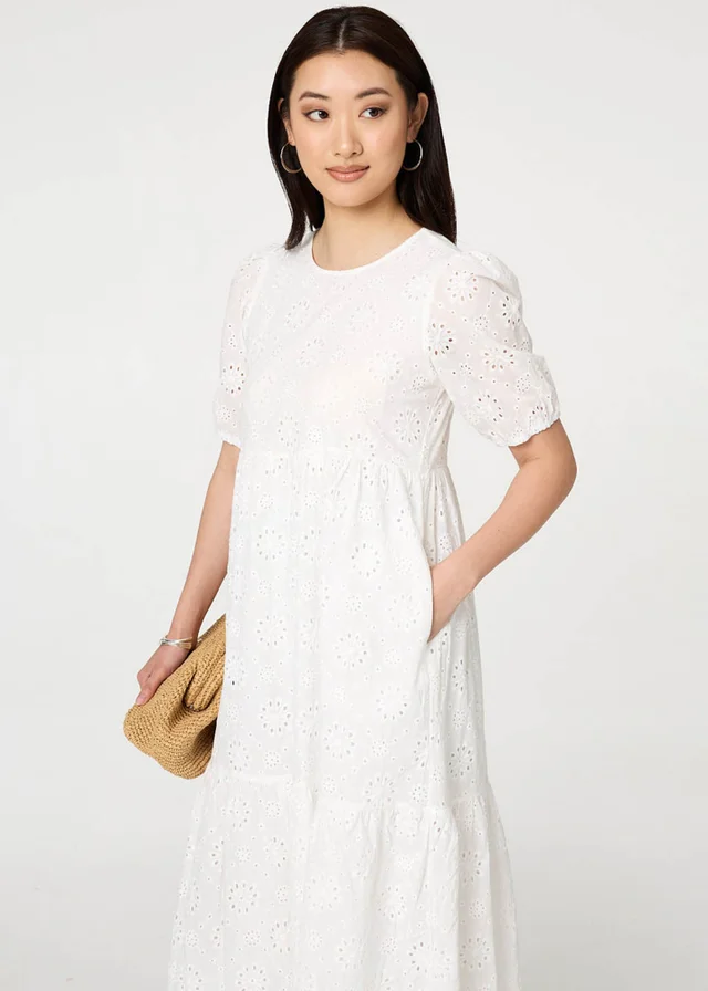 Izabel London White Broderie Anglaise Tiered Midi Dress