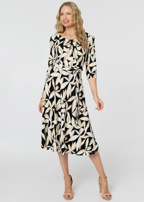 Izabel London Multi Black Leaf Print 3/4 Sleeve Midi Tie Dress - 12 Image 1