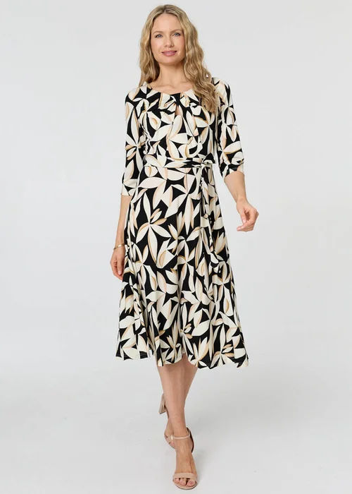Izabel London Multi Black Leaf Print 3/4 Sleeve Midi Tie Dress - 12 Image 4