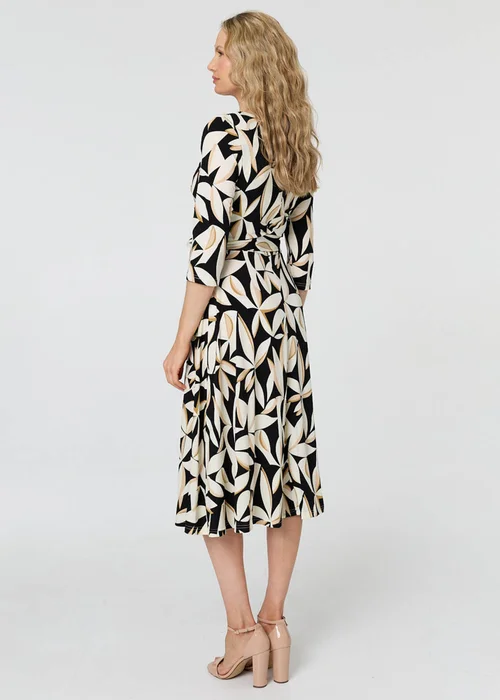 Izabel London Multi Black Leaf Print 3/4 Sleeve Midi Tie Dress - 12 Image 2