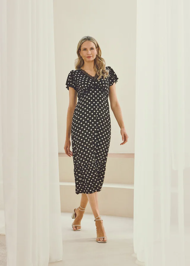 Izabel London Multi Black Polka Dot Lace Trim Empire Midi Dress