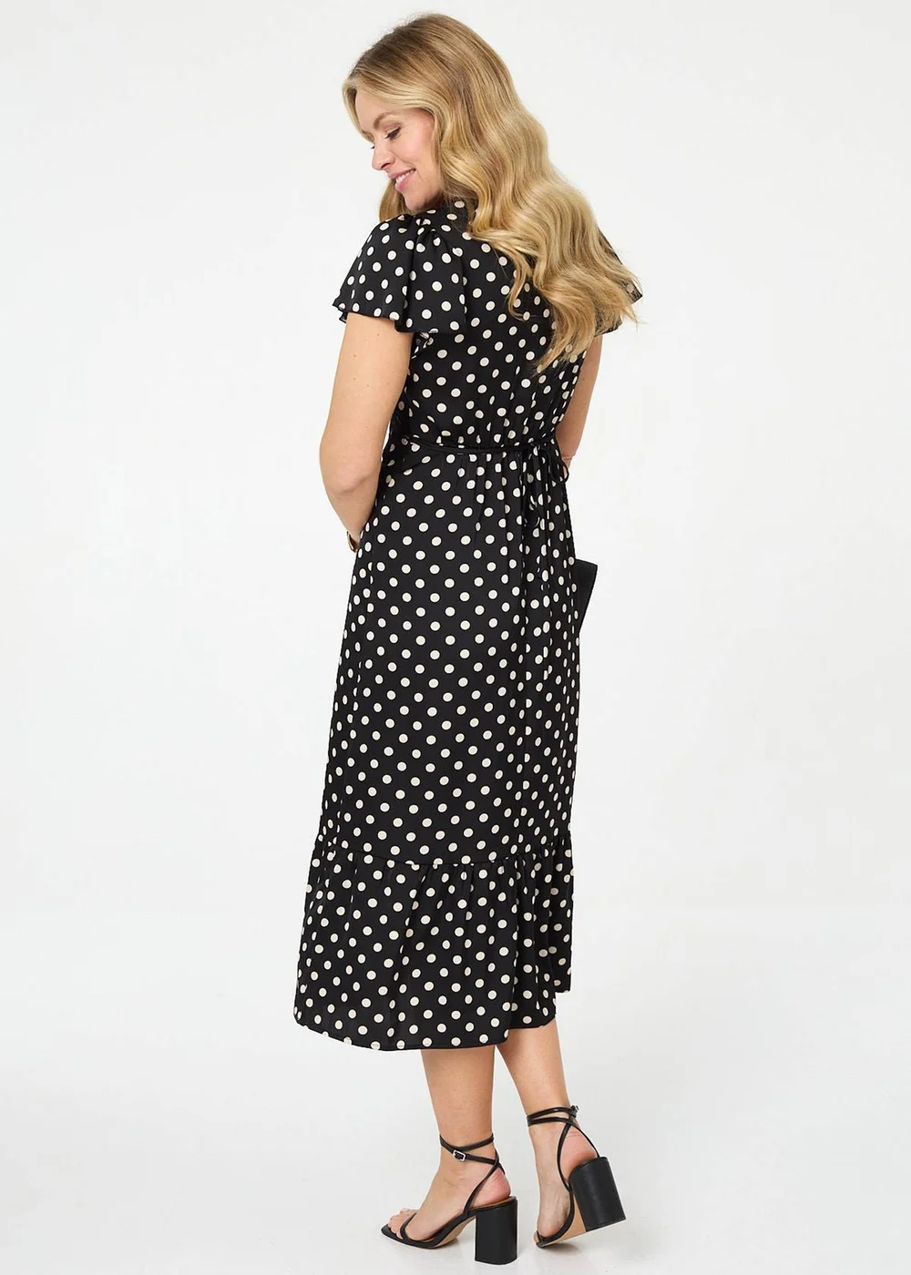 Izabel London Multi Black Polka Dot Lace Trim Empire Midi Dress - 16 Image 5