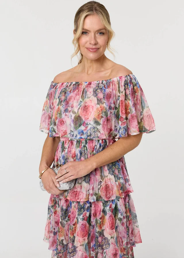 Izabel London Multi Pink Floral Layered Tiered Maxi Dress