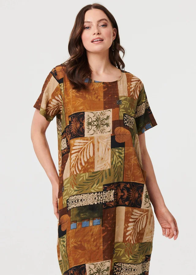 Izabel London Multi Brown Patchwork Knee Length Shift Dress
